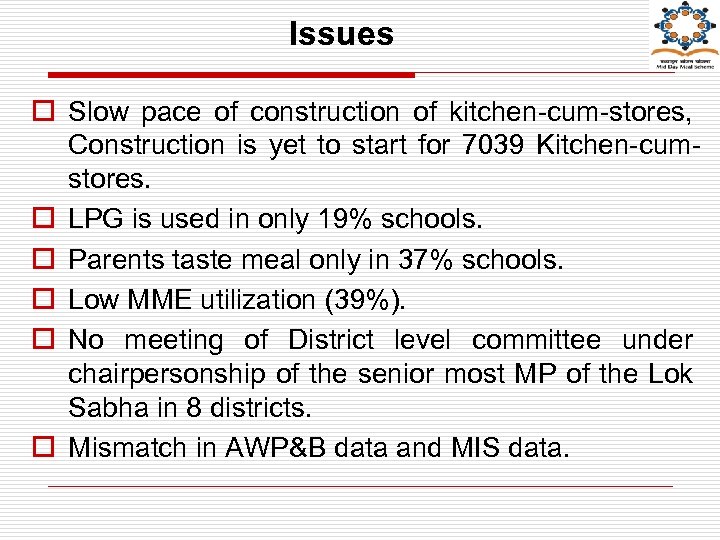 Issues o Slow pace of construction of kitchen-cum-stores, Construction is yet to start for