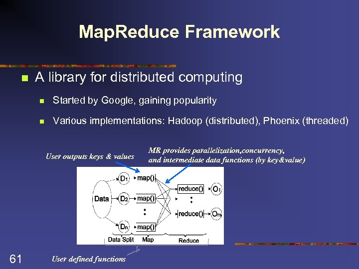 Map. Reduce Framework n A library for distributed computing n Started by Google, gaining