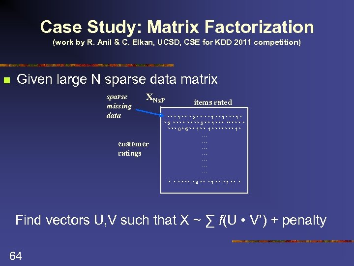 Case Study: Matrix Factorization (work by R. Anil & C. Elkan, UCSD, CSE for