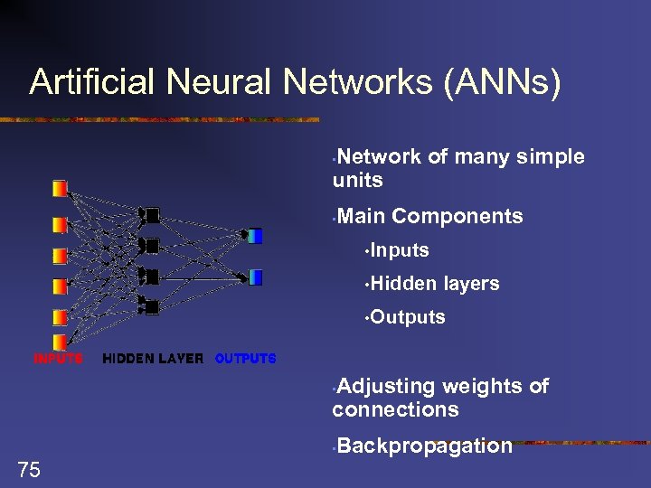 Artificial Neural Networks (ANNs) Network of many simple units • Main Components • •