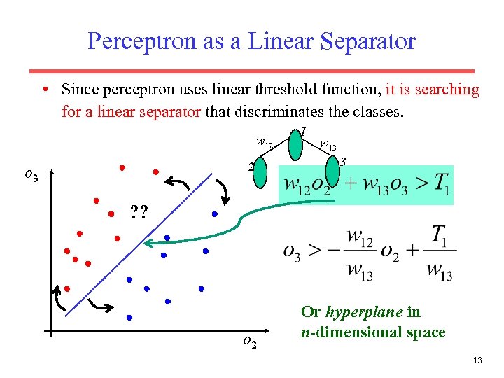 Perceptron as a Linear Separator • Since perceptron uses linear threshold function, it is