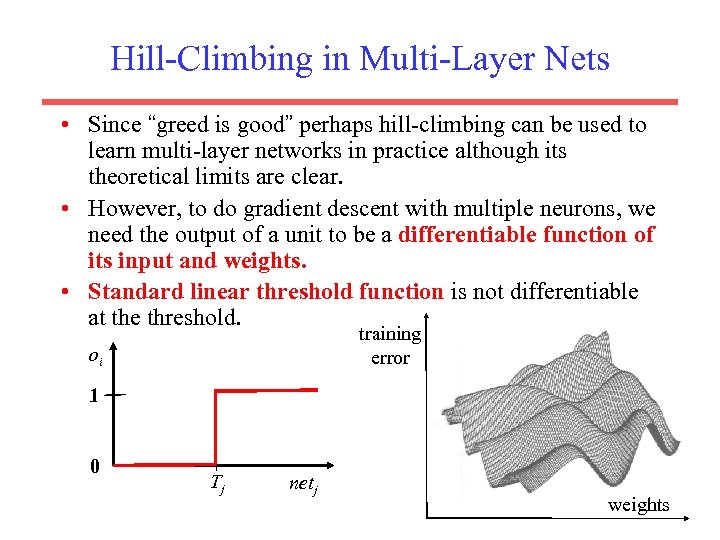 Hill-Climbing in Multi-Layer Nets • Since “greed is good” perhaps hill-climbing can be used