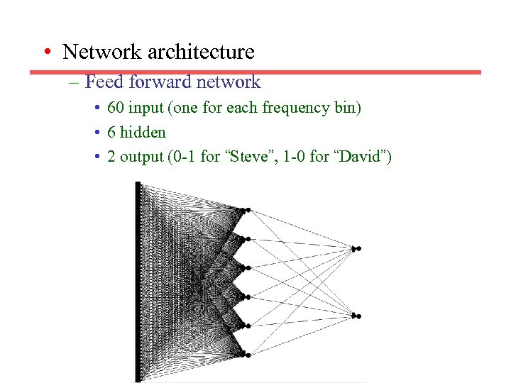  • Network architecture – Feed forward network • 60 input (one for each