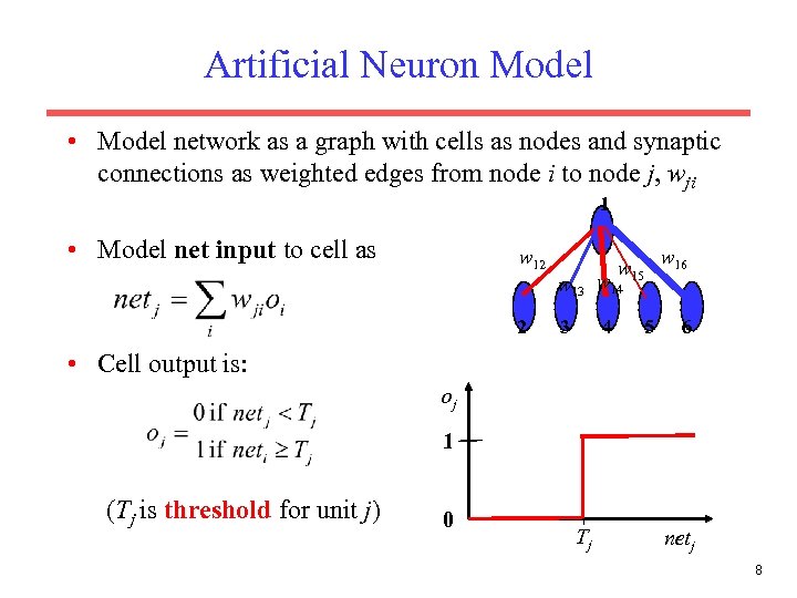 Artificial Neuron Model • Model network as a graph with cells as nodes and