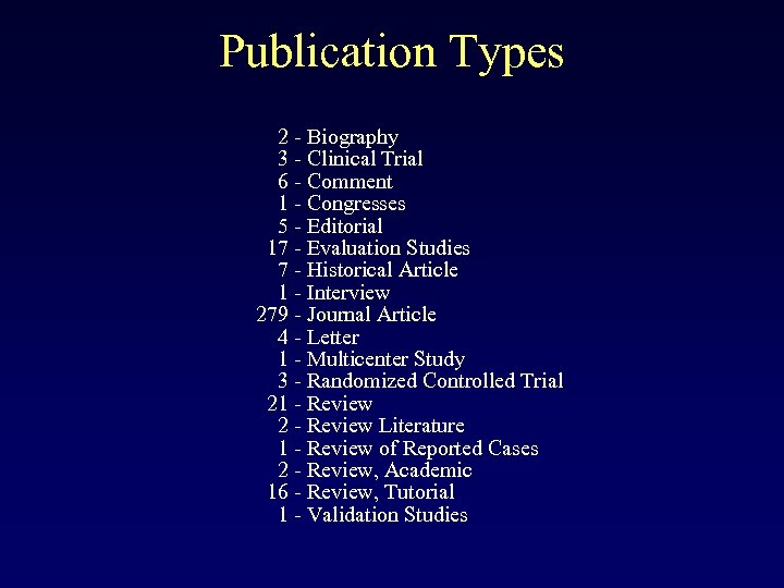 Publication Types 2 - Biography 3 - Clinical Trial 6 - Comment 1 -