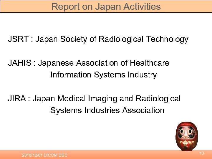 Report on Japan Activities JSRT : Japan Society of Radiological Technology JAHIS : Japanese