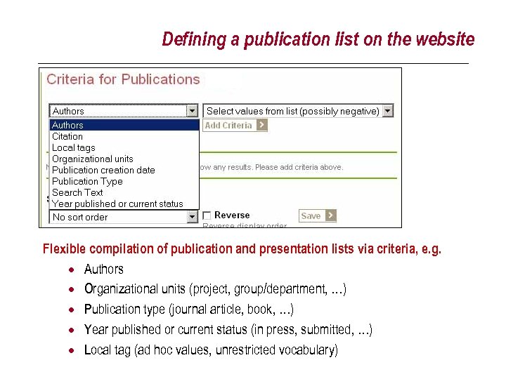 Defining a publication list on the website Flexible compilation of publication and presentation lists