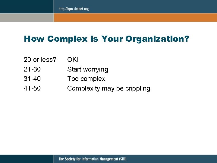 How Complex is Your Organization? 20 or less? 21 -30 31 -40 41 -50