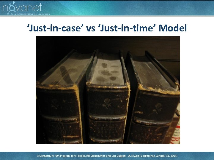 ‘Just-in-case’ vs ‘Just-in-time’ Model A Consortium PDA Program for E-books. Bill Slauenwhite and Lou