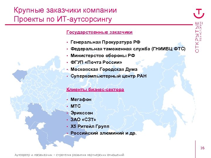 Крупные заказчики компании Проекты по ИТ-аутсорсингу Государственные заказчики • • • Генеральная Прокуратура РФ