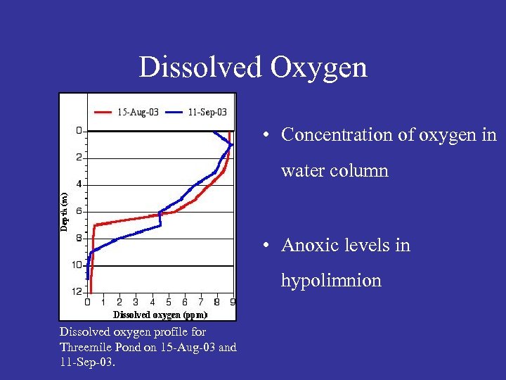 Dissolved Oxygen • Concentration of oxygen in water column • Anoxic levels in hypolimnion
