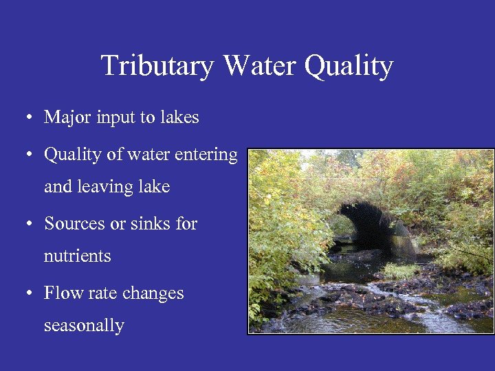 Tributary Water Quality • Major input to lakes • Quality of water entering and