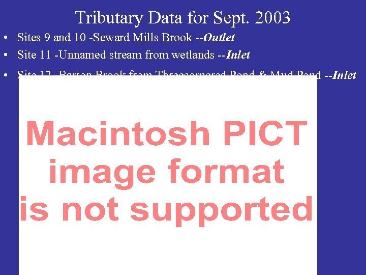 Tributary Data for Sept. 2003 • Sites 9 and 10 -Seward Mills Brook --Outlet
