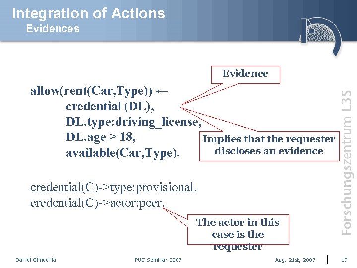 Integration of Actions Evidence allow(rent(Car, Type)) ← credential (DL), DL. type: driving_license, DL. age