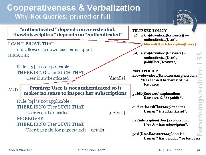 Cooperativeness & Verbalization Why-Not Queries: pruned or full “authenticated” depends on a credential. “has.