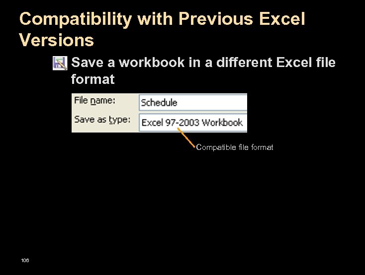 Compatibility with Previous Excel Versions § Save a workbook in a different Excel file