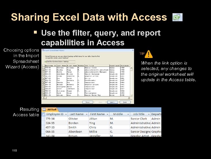 Sharing Excel Data with Access § Use the filter, query, and report capabilities in