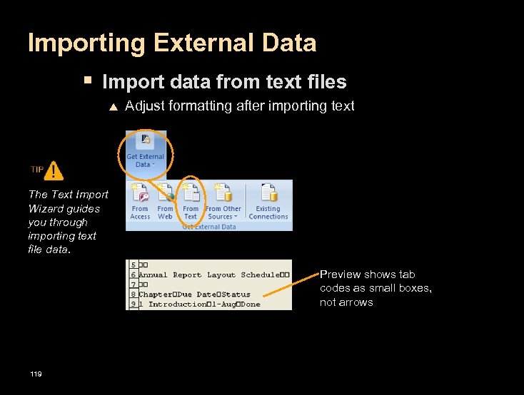 Importing External Data § Import data from text files p Adjust formatting after importing