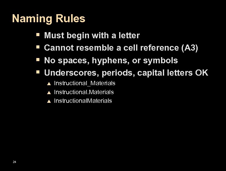 Naming Rules § § Must begin with a letter Cannot resemble a cell reference