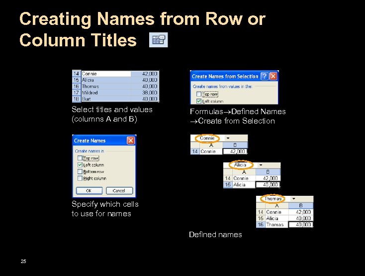 Creating Names from Row or Column Titles Select titles and values (columns A and