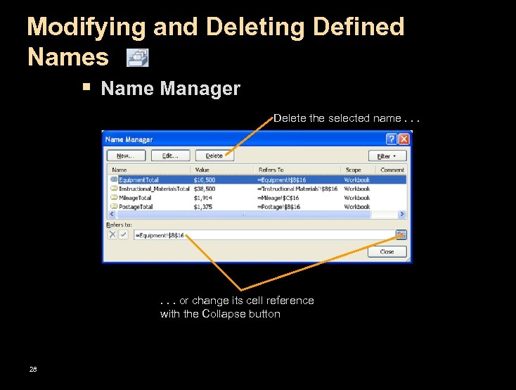 Modifying and Deleting Defined Names § Name Manager Delete the selected name. . .