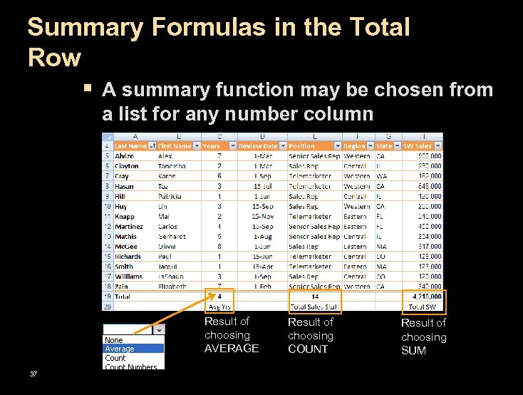 Summary Formulas in the Total Row § A summary function may be chosen from