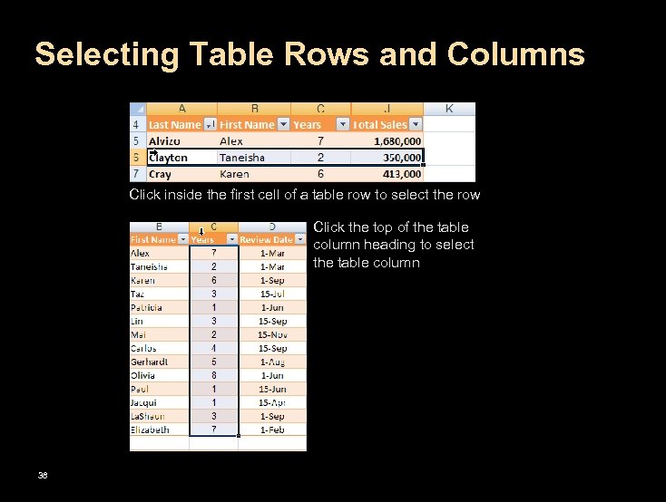 Selecting Table Rows and Columns Click inside the first cell of a table row