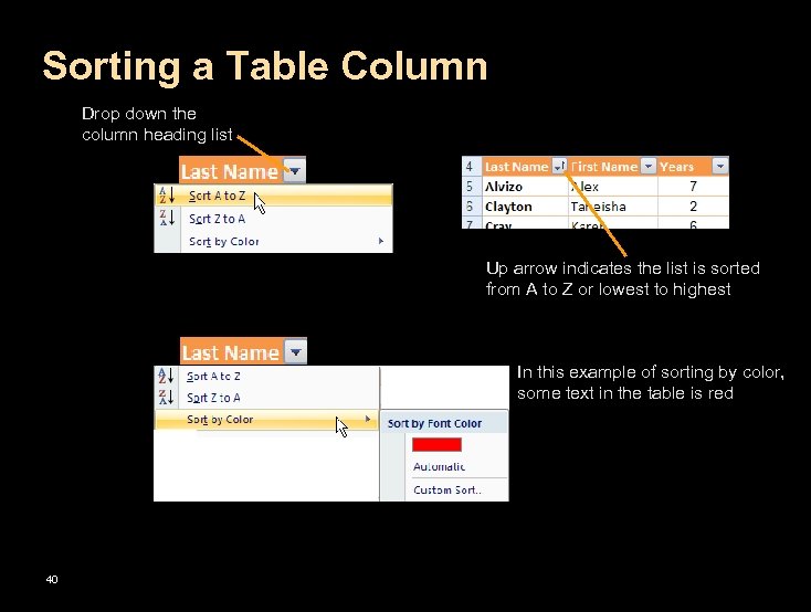 Sorting a Table Column Drop down the column heading list Up arrow indicates the