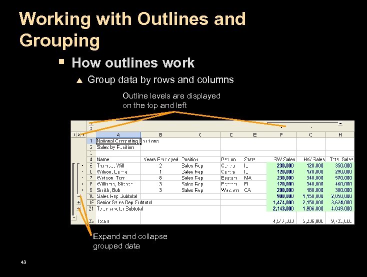 Working with Outlines and Grouping § How outlines work p Group data by rows