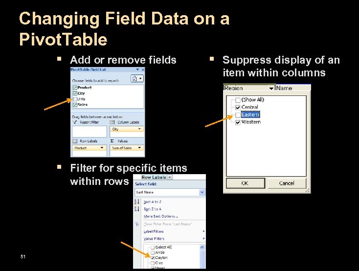 Changing Field Data on a Pivot. Table § Add or remove fields § Suppress