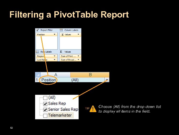 Filtering a Pivot. Table Report Choose (All) from the drop-down list to display all