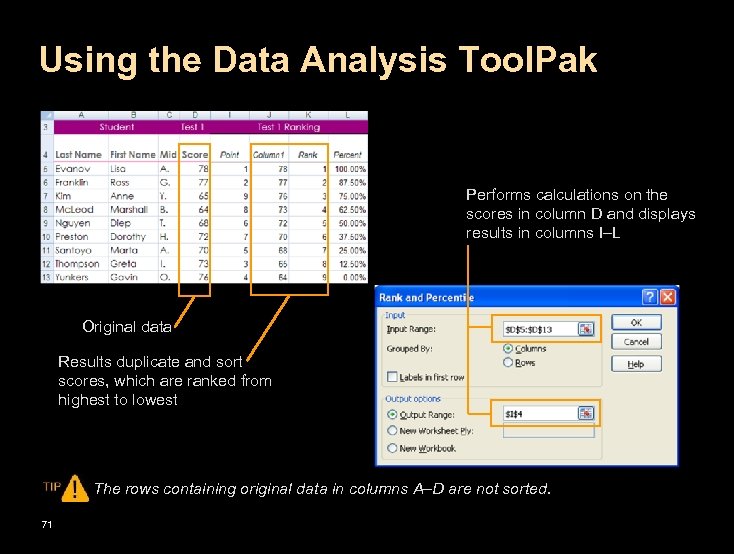 Using the Data Analysis Tool. Pak Performs calculations on the scores in column D