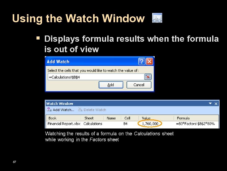 Using the Watch Window § Displays formula results when the formula is out of