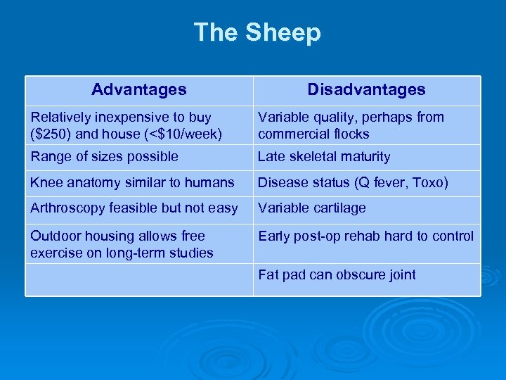 The Sheep Advantages Disadvantages Relatively inexpensive to buy ($250) and house (<$10/week) Variable quality,