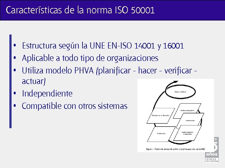 Características de la norma ISO 50001 • Estructura según la UNE EN-ISO 14001 y