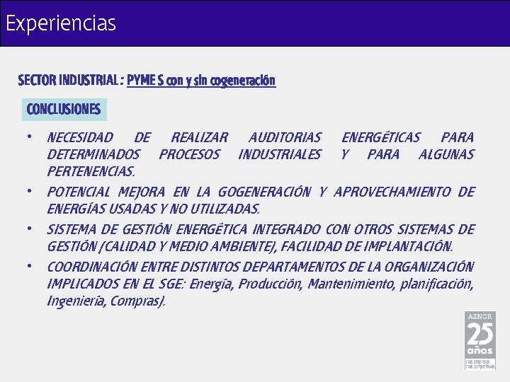 Experiencias SECTOR INDUSTRIAL : PYME S con y sin cogeneración CONCLUSIONES • NECESIDAD DE