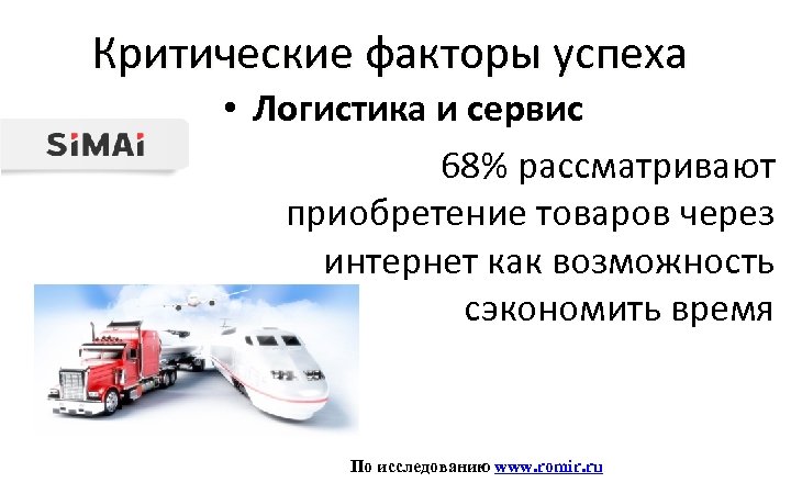 Критические факторы успеха • Логистика и сервис 68% рассматривают приобретение товаров через интернет как