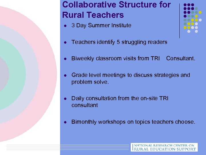 Collaborative Structure for Rural Teachers l 3 Day Summer Institute l Teachers identify 5
