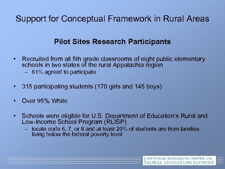 Support for Conceptual Framework in Rural Areas Pilot Sites Research Participants • Recruited from