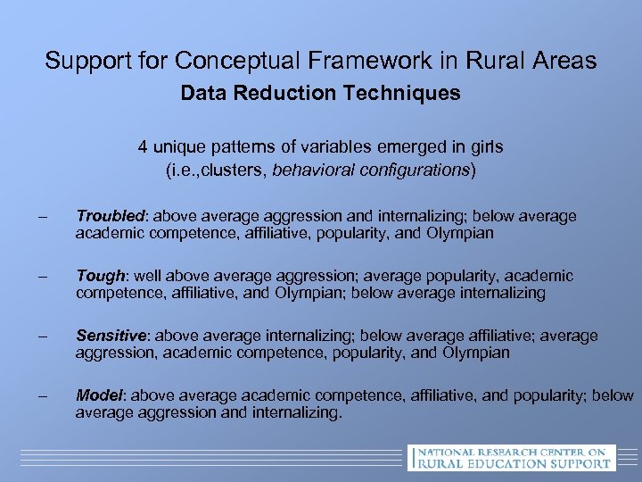 Support for Conceptual Framework in Rural Areas Data Reduction Techniques 4 unique patterns of