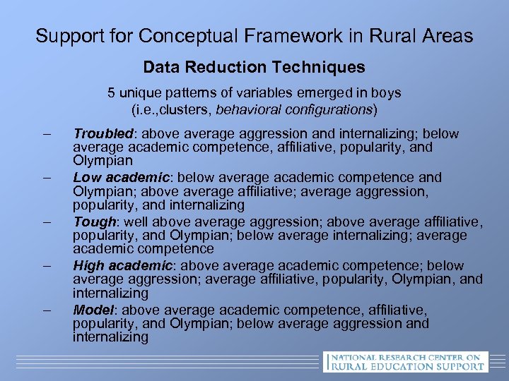 Support for Conceptual Framework in Rural Areas Data Reduction Techniques 5 unique patterns of