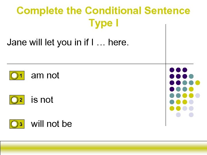 Complete the Conditional Sentence Type I Jane will let you in if I …