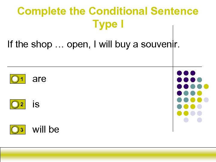 Complete the Conditional Sentence Type I If the shop … open, I will buy
