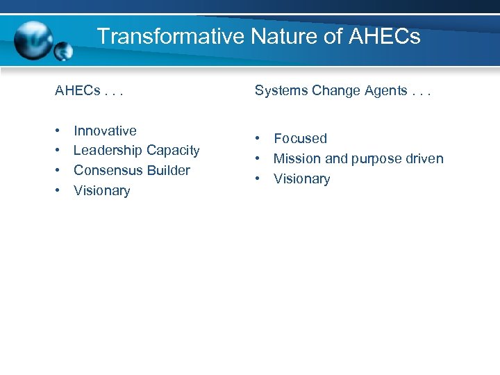 Transformative Nature of AHECs. . . Systems Change Agents. . . • • •