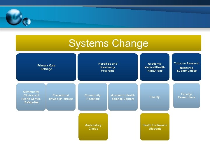 Systems Change Primary Care Settings Community Clinics and Health Center, Safety-Net Preceptors/ physician offices
