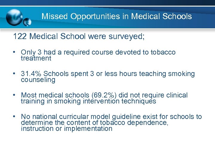 Missed Opportunities in Medical Schools 122 Medical School were surveyed; • Only 3 had