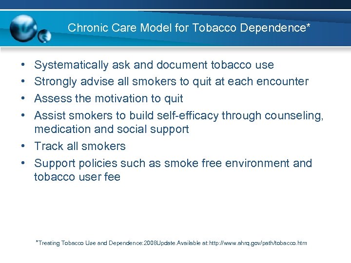 Chronic Care Model for Tobacco Dependence* • • Systematically ask and document tobacco use
