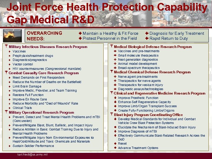 Joint Force Health Protection Capability Gap Medical R&D OVERARCHING NEEDS: Maintain a Healthy &