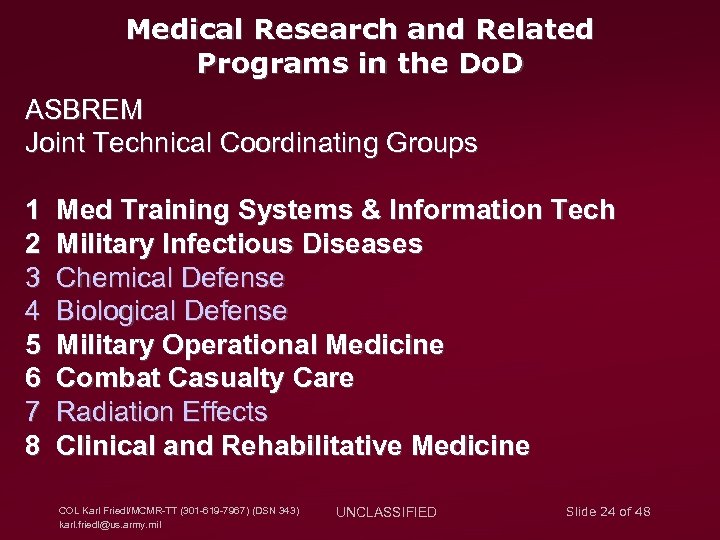 Medical Research and Related Programs in the Do. D ASBREM Joint Technical Coordinating Groups