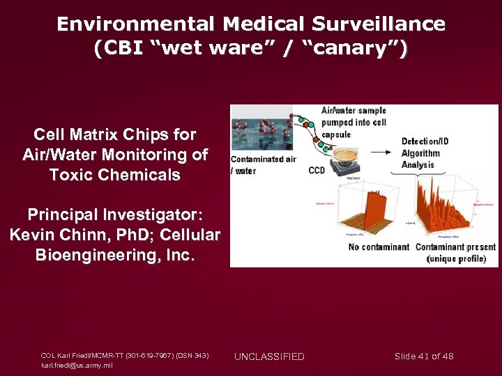 Environmental Medical Surveillance (CBI “wet ware” / “canary”) Cell Matrix Chips for Air/Water Monitoring